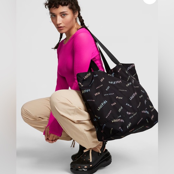 Victoria Secret Pink Multi Colored Logo Large Weekender Tote Bag 16x22 NWT 2024 - Picture 3 of 6